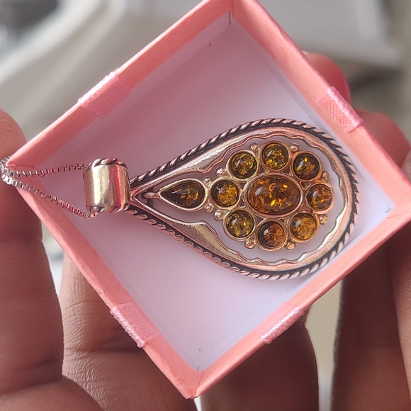 Vintage Valerio Baltic Amber & Silver Teardrop Dangle Pendant on 18in Box Chain - Picture 7 of 12